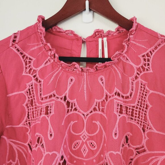 Anthropologie Women The Lainie Longsleeve Lace Cutwork Blouse Pink XL LinenBlend - Picture 6 of 16